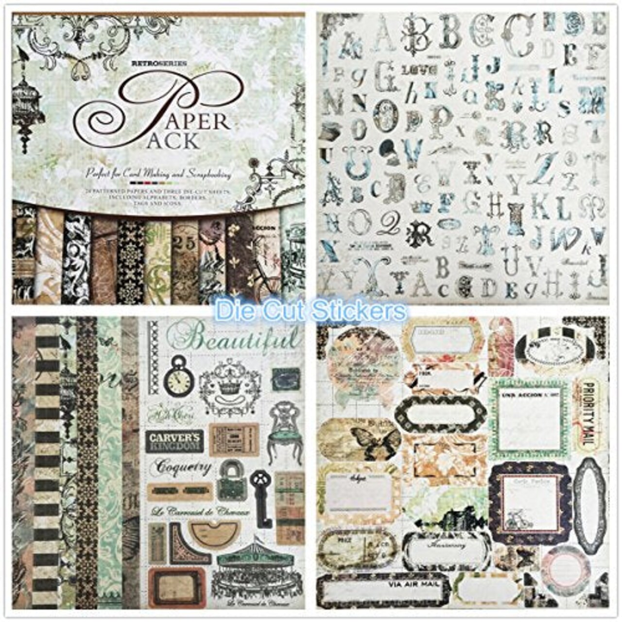 27 Sheets Scrapbook Vintage Paper Book Pad 12" x 12" Classic Origami Wrapping Card Making Alphabet/Photo Frame Album Creative Handmade Decorative Die Cuts Background